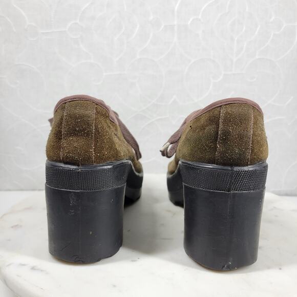 No Parking Oxford Heels Womens 8.5 Green Suede Lace up Utility Chunky Platform - Picture 9 of 14